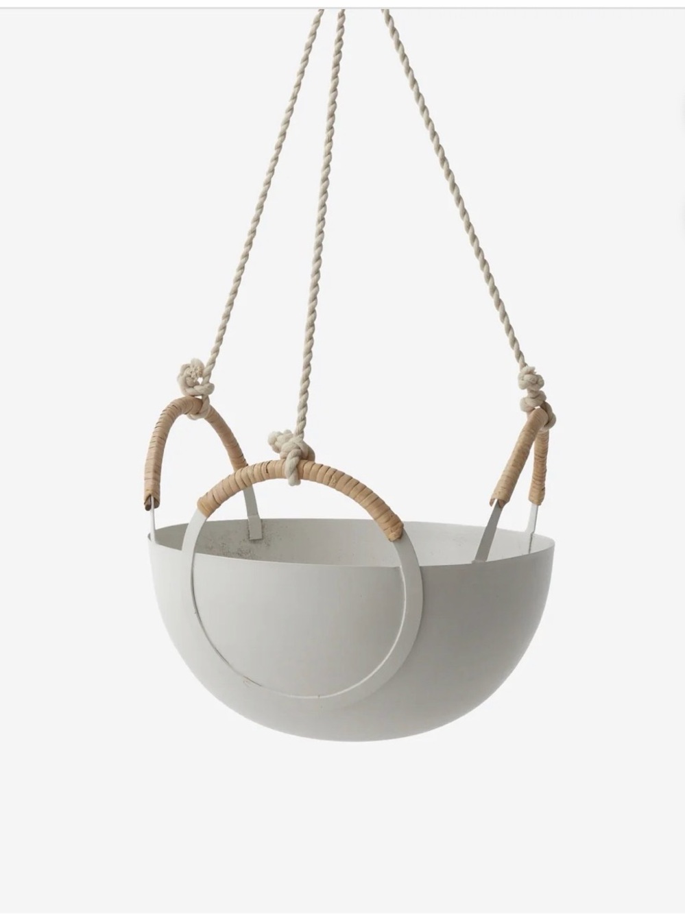 White metal Hanging Planter with Rope Accents